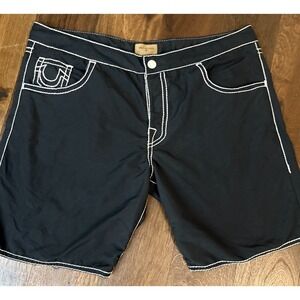 True Religion Shorts Mens 42 Black Swim Trunks Contrast Stitch Board Shorts